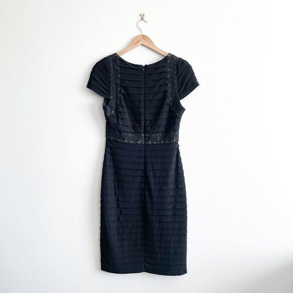 Adriana Papell Women's Black Lace Inset Trim Shutter Pleat Sheath Dress Size 10 - Picture 2 of 7